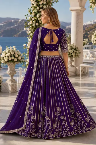 Violet Faux Georgette Semi Stitched Lehenga Choli with Embroidered & Sequin Work
