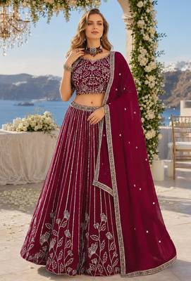 Maroon Faux Georgette Semi Stitched Lehenga Choli with Embroidered & Sequence Work 1
