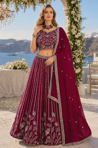 Maroon Faux Georgette Semi Stitched Lehenga Choli with Embroidered & Sequence Work