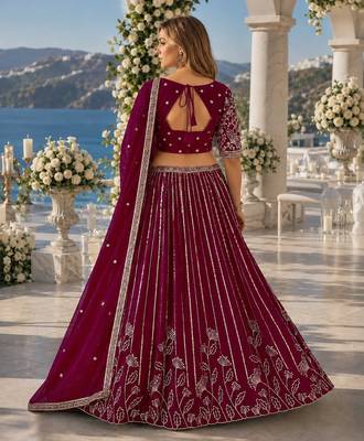 Maroon Faux Georgette Semi Stitched Lehenga Choli with Embroidered & Sequence Work 2