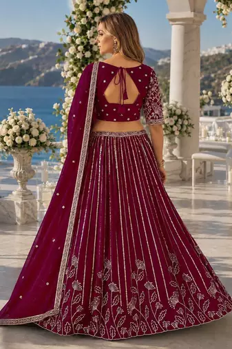 Maroon Faux Georgette Semi Stitched Lehenga Choli with Embroidered & Sequence Work