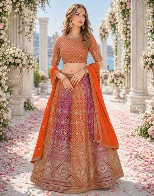 Orange Faux Georgette Semi Stitched Lehenga Choli with Embroidered & Sequence Work 1