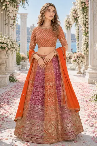 Orange Faux Georgette Semi Stitched Lehenga Choli with Embroidered & Sequence Work