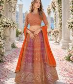 Orange Faux Georgette Semi Stitched Lehenga Choli with Embroidered & Sequence Work