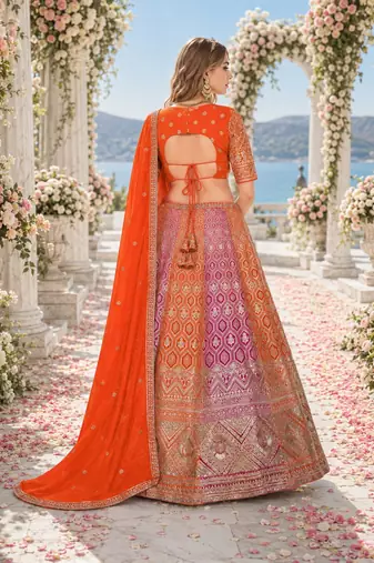 Orange Faux Georgette Semi Stitched Lehenga Choli with Embroidered & Sequence Work