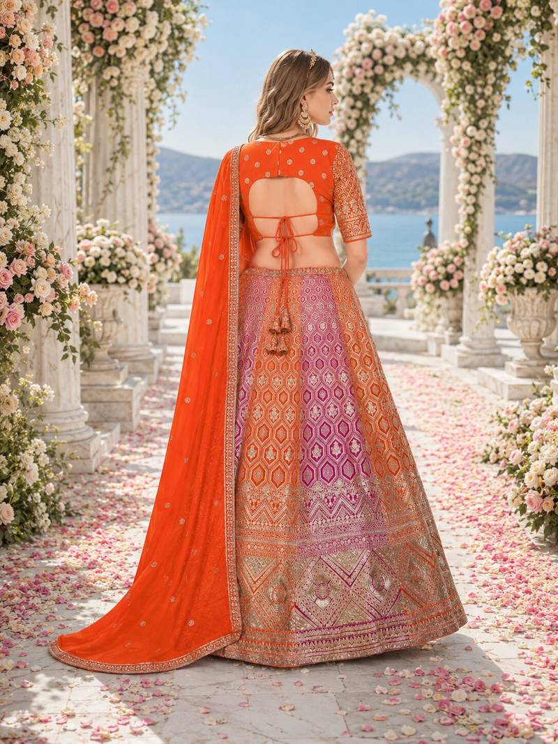 Orange Faux Georgette Semi Stitched Lehenga Choli with Embroidered & Sequence Work