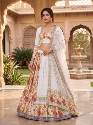 Navratri Special White Floral Printed & Embroidered Lehenga Choli with Dupatta 1
