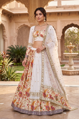 Navratri Special White Floral Printed & Embroidered Lehenga Choli with Dupatta