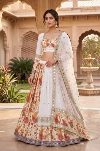 Navratri Special White Floral Printed & Embroidered Lehenga Choli with Dupatta