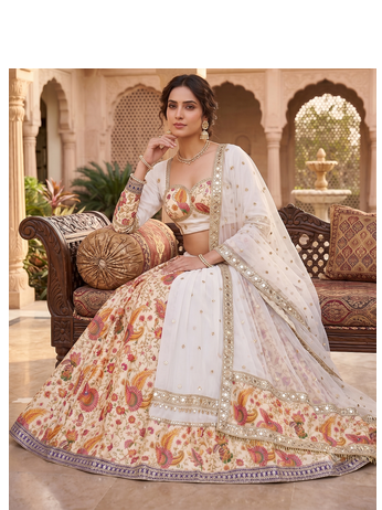 Navratri Special White Floral Printed & Embroidered Lehenga Choli with Dupatta 2