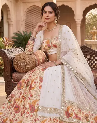 Navratri Special White Floral Printed & Embroidered Lehenga Choli with Dupatta