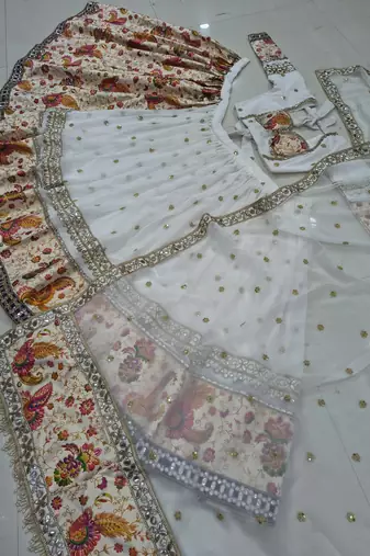 Navratri Special White Floral Printed & Embroidered Lehenga Choli with Dupatta