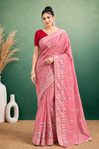 Peach  Embroidery White Thread Work Design And Cotton Blend Saree With Unstitched Blouse