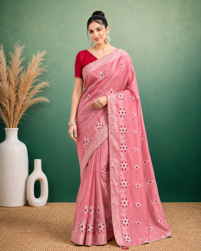 Peach  Embroidery White Thread Work Design And Cotton Blend Saree With Unstitched Blouse