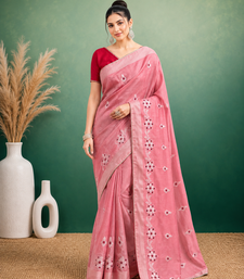 Peach  Embroidery White Thread Work Design And Cotton Blend Saree With Unstitched Blouse