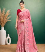 Peach  Embroidery White Thread Work Design And Cotton Blend Saree With Unstitched Blouse