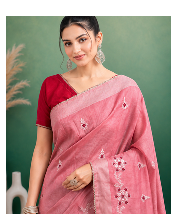 Peach  Embroidery White Thread Work Design And Cotton Blend Saree With Unstitched Blouse 2