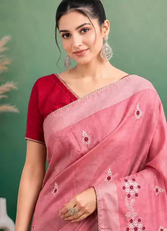 Peach  Embroidery White Thread Work Design And Cotton Blend Saree With Unstitched Blouse
