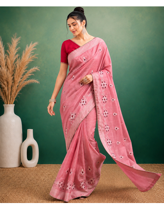 Peach  Embroidery White Thread Work Design And Cotton Blend Saree With Unstitched Blouse 3