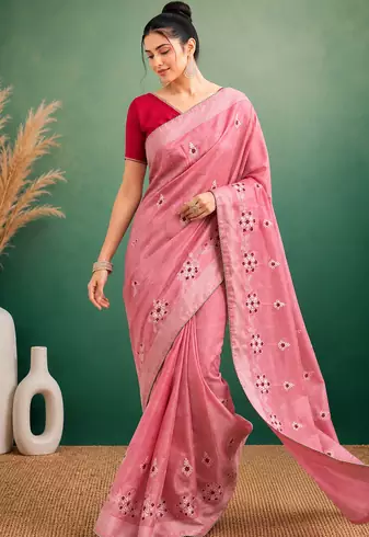 Peach  Embroidery White Thread Work Design And Cotton Blend Saree With Unstitched Blouse