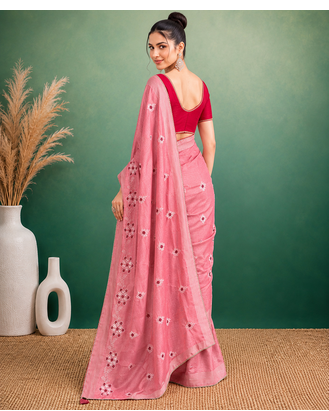 Peach  Embroidery White Thread Work Design And Cotton Blend Saree With Unstitched Blouse 4