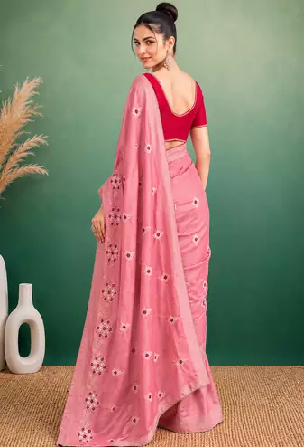 Peach  Embroidery White Thread Work Design And Cotton Blend Saree With Unstitched Blouse