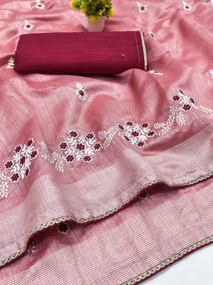 Peach  Embroidery White Thread Work Design And Cotton Blend Saree With Unstitched Blouse 5