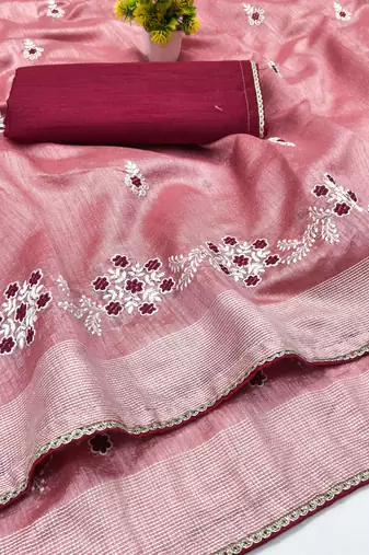 Peach  Embroidery White Thread Work Design And Cotton Blend Saree With Unstitched Blouse