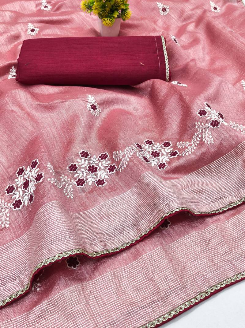 Peach  Embroidery White Thread Work Design And Cotton Blend Saree With Unstitched Blouse