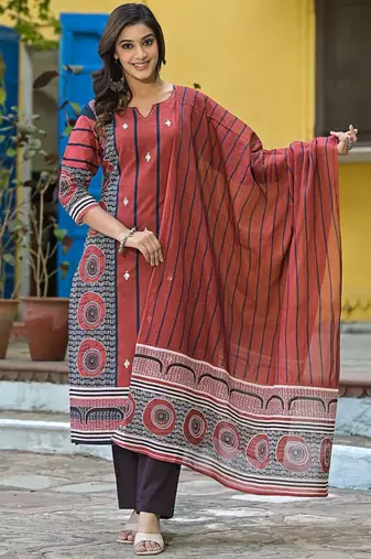Floral Printed Notch Neck Straight Kurta With Trousers & Dupatta