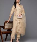 Floral Embroidered Thread Work Kurta With Trousers & Dupatta