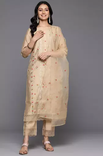 Floral Embroidered Thread Work Kurta With Trousers & Dupatta