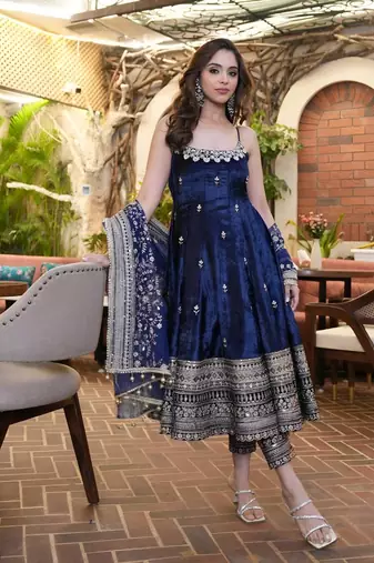 Royal Blue Anarkali Kurta Set with Designer Embroidery & Dupatta