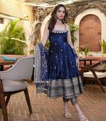 Royal Blue Anarkali Kurta Set with Designer Embroidery & Dupatta
