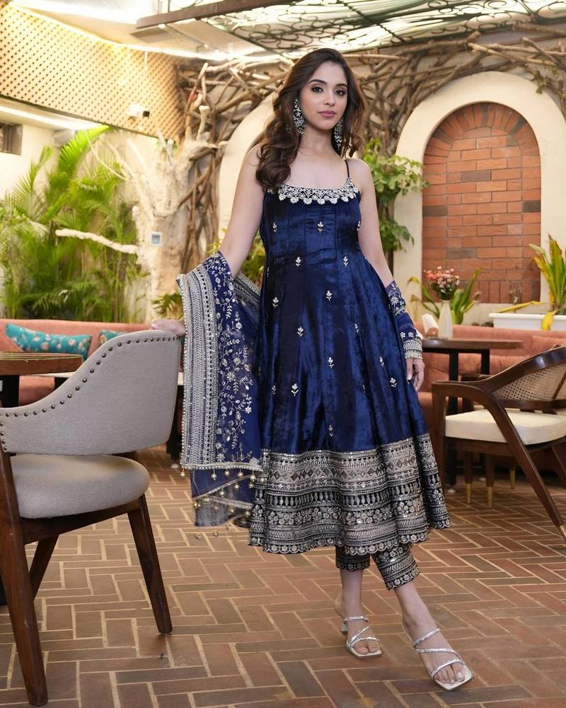 Royal Blue Anarkali Kurta Set with Designer Embroidery & Dupatta