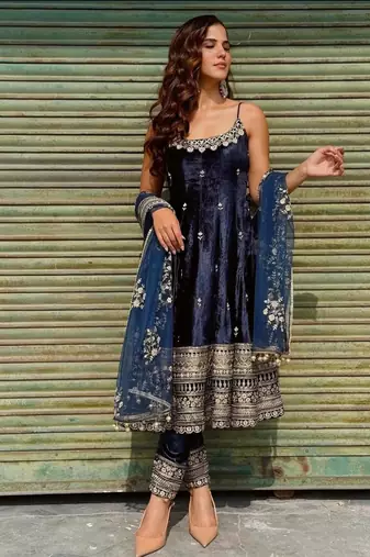 Royal Blue Anarkali Kurta Set with Designer Embroidery & Dupatta