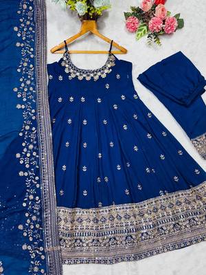 Royal Blue Anarkali Kurta Set with Designer Embroidery & Dupatta 5
