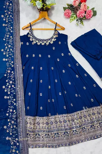 Royal Blue Anarkali Kurta Set with Designer Embroidery & Dupatta