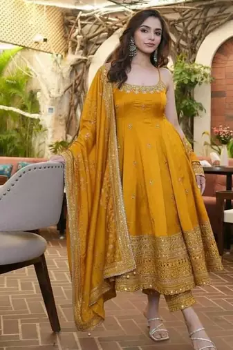 Yellow Anarkali Kurta Set with Designer Embroidery & Dupatta