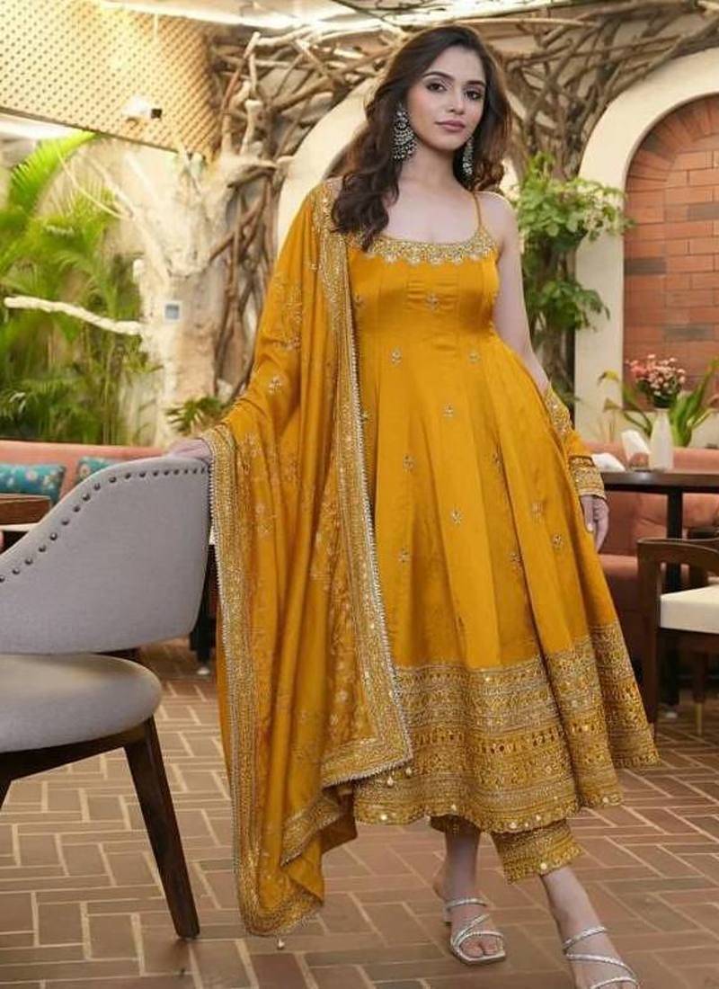 Yellow Anarkali Kurta Set with Designer Embroidery & Dupatta