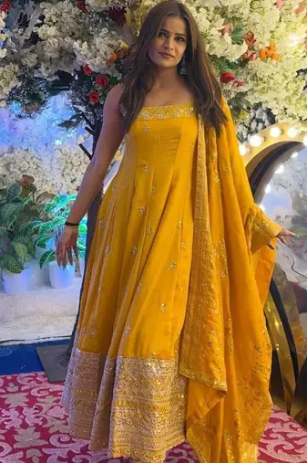 Yellow Anarkali Kurta Set with Designer Embroidery & Dupatta