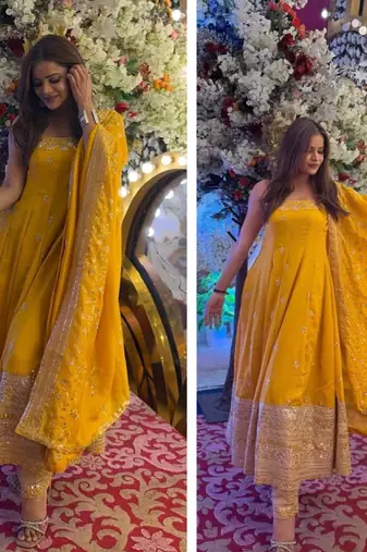 Yellow Anarkali Kurta Set with Designer Embroidery & Dupatta