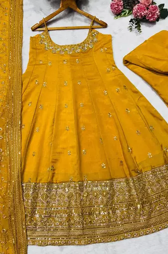 Yellow Anarkali Kurta Set with Designer Embroidery & Dupatta