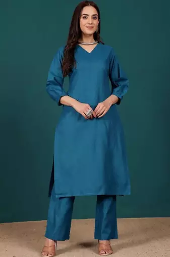 V-Neck Bell Sleeves Straight Kurta With Trousers