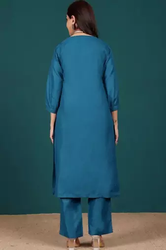 V-Neck Bell Sleeves Straight Kurta With Trousers