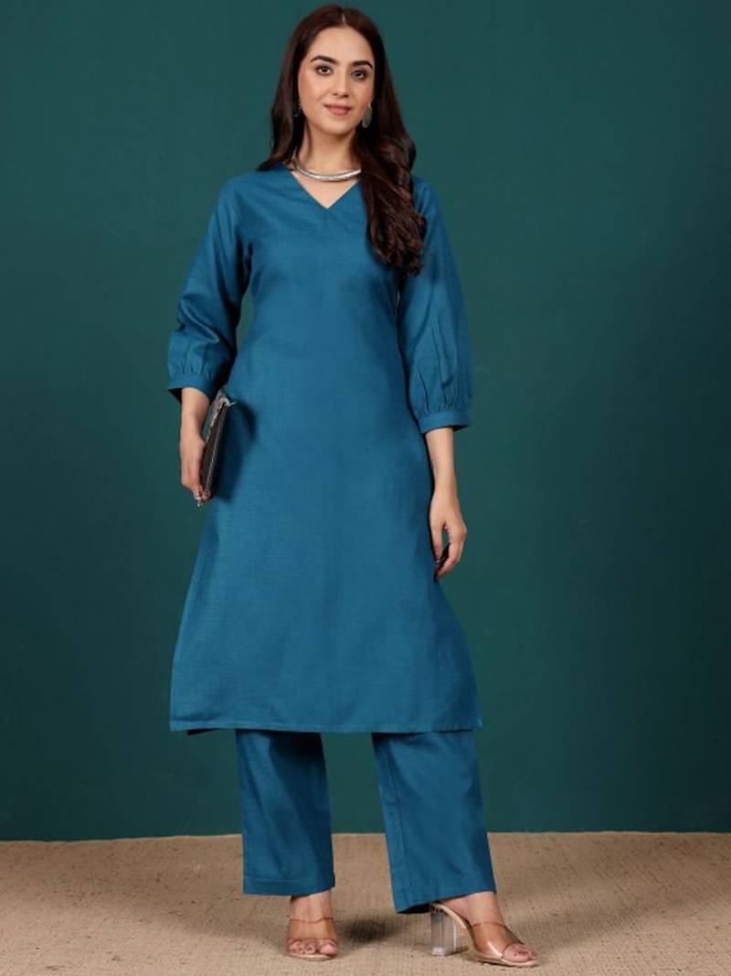 V-Neck Bell Sleeves Straight Kurta With Trousers