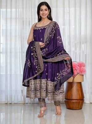 Purple Anarkali Kurta Set with Designer Embroidery & Dupatta 1