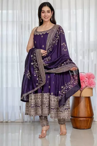 Purple Anarkali Kurta Set with Designer Embroidery & Dupatta