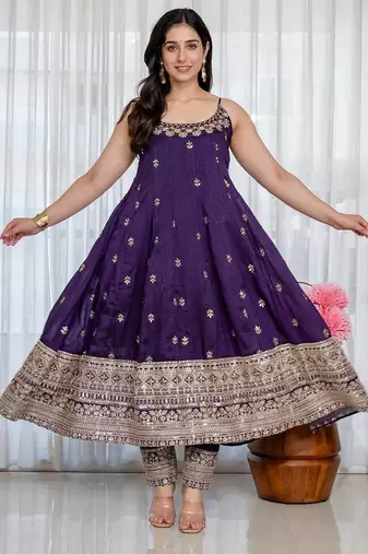 Purple Anarkali Kurta Set with Designer Embroidery & Dupatta