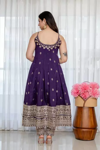 Purple Anarkali Kurta Set with Designer Embroidery & Dupatta